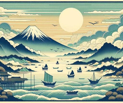 Japanese Mural Wallpaper | Mount Fuji, Japanese White Clouds, and Boats