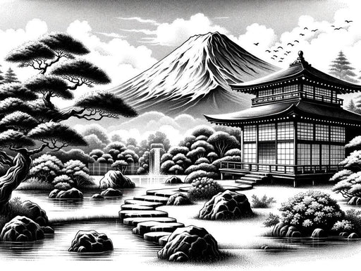 Black and White Japanese Mural Wallpaper | Drawing of a Temple at the Foot of Mount Fuji