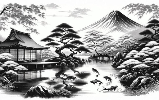 Black and White Japanese Mural Wallpaper | Mount Fuji, Zen Temple, and Koi Carp