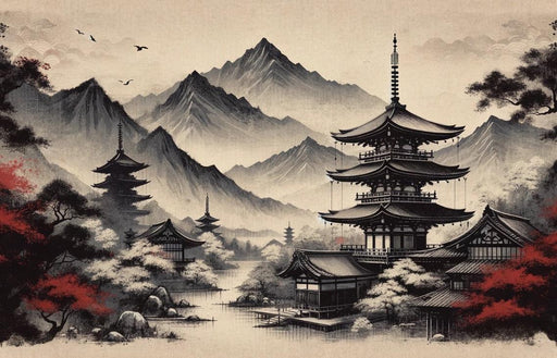 Japanese Zen Mural Wallpaper | Black and Red Ambiance with Lake and Temple