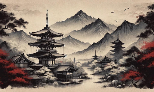 Japanese Zen Mural Wallpaper | Black and Red Ambiance with Lake and Temple