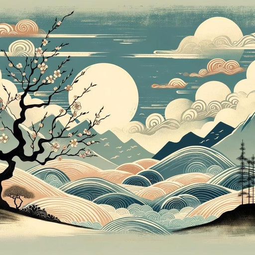 Japanese Zen Mural Wallpaper | Aged Design with Mountain and Sakura