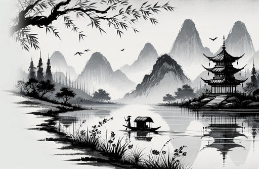 Japanese Zen Mural Wallpaper | Black and White Painting of a Mountain Temple