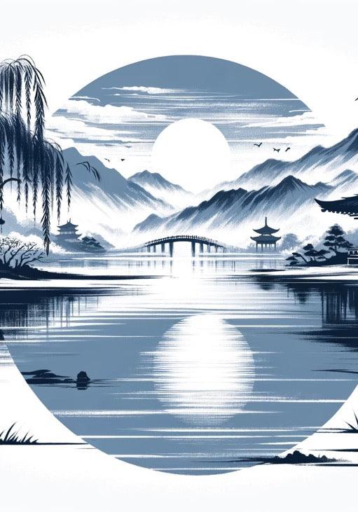 Japanese Zen Mural Wallpaper | Weeping Willow and Temple in the Mountains