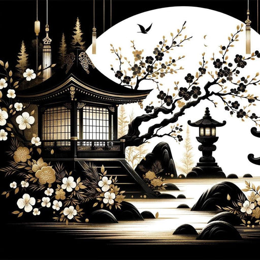 Japanese Zen Mural Wallpaper | Temple with Full Moon Background