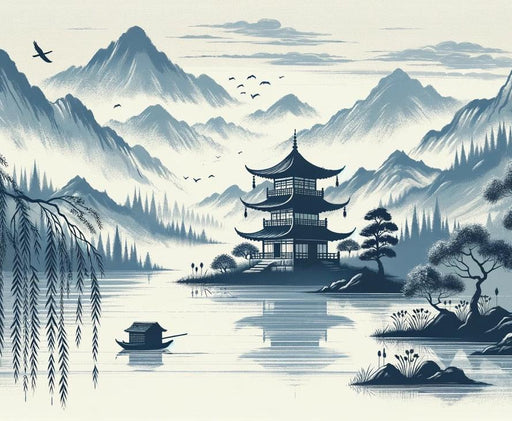 Japanese Zen Mural Wallpaper | Temple in the Blue-Toned Mountains