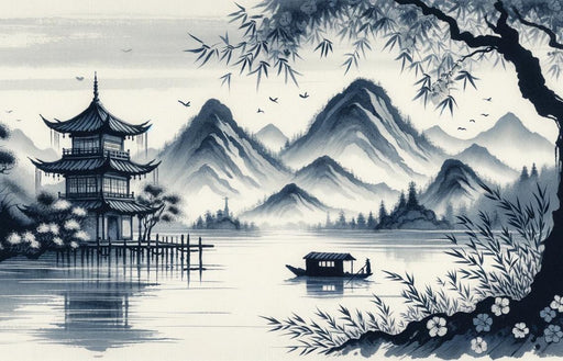 Japanese Zen Mural Wallpaper | Japanese Temple in Watercolor Style Design