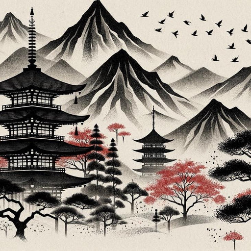 Japanese Zen Mural Wallpaper | Temple, Birds, and Mountains in Black and Red Tones