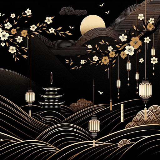 Japanese Zen Mural Wallpaper | Japanese Wave and Black and Gold Temple