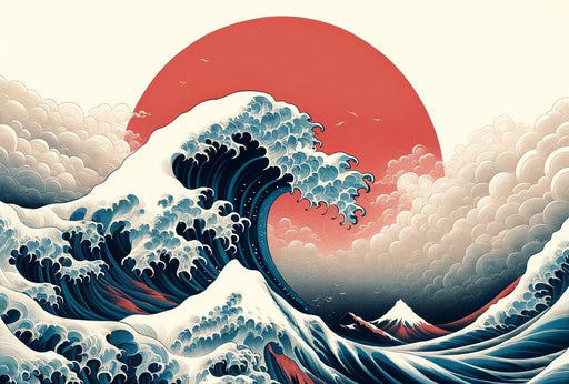 Japanese Wave Mural Wallpaper | Red Sun Background with White Clouds