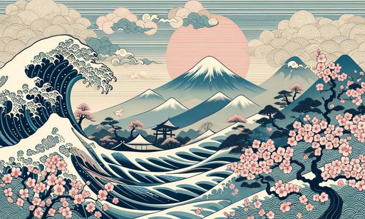 Japanese Wave Mural Wallpaper | Mount Fuji and Pink Japanese Cherry Blossom