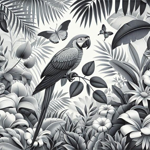 Black and White Parrot Mural Wallpaper | Flowered Jungle with Parrot and Butterflies