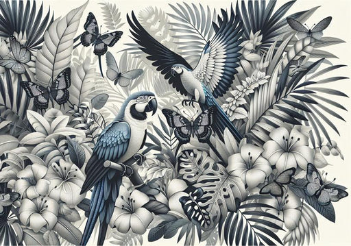Black and White Parrot Mural Wallpaper | Blue-Backed Parrots and Butterflies