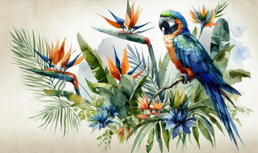 Parrot Mural Wallpaper | Colorful Blue and Green Watercolor on Vintage Background