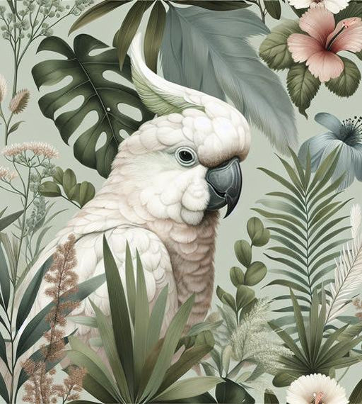 Parrot Mural Wallpaper | White Cockatoo Amidst Tropical Foliage