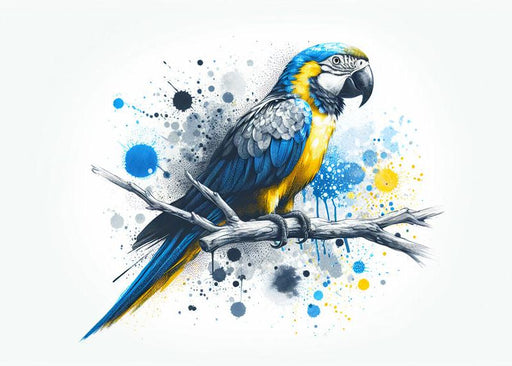 Parrot Mural Wallpaper | Design on Its Branch in Yellow and Blue