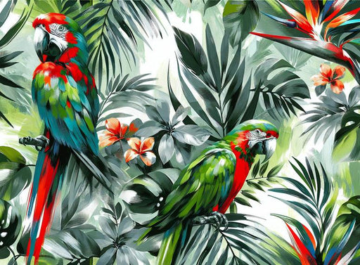 Parrot Mural Wallpaper | Tropical Foliage and Green and Red Parrot Couple