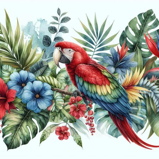 Parrot Mural Wallpaper | Foliage and Colorful Parrot on Light Blue Background