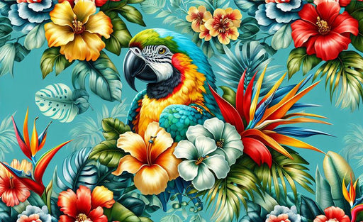 Parrot Mural Wallpaper | Vintage and Colorful Floral on Blue Background
