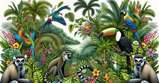 Parrot Mural Wallpaper | Tropical Jungle with Toucans, Monkeys, and Parrots