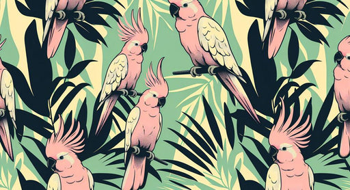 Parrot Mural Wallpaper | Repetitive Art Deco Pattern in Roses and Yellow