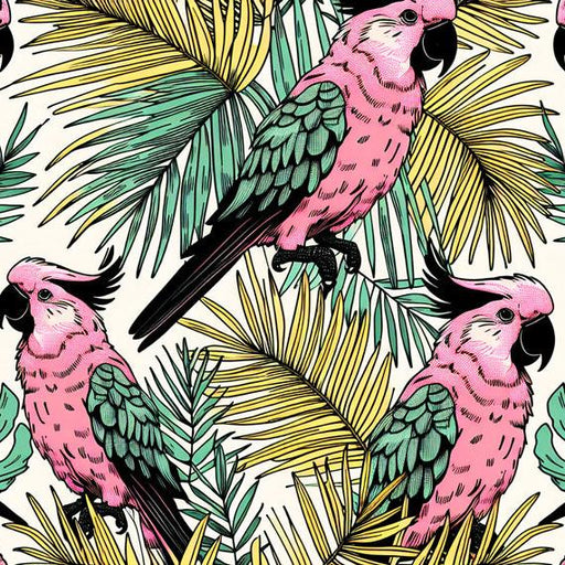 Parrot Mural Wallpaper | Pink, Green, and Yellow Retro Style