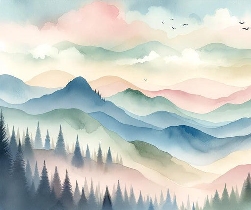 Baby Mountain Mural Wallpaper | Watercolor Green Forest, Colorful Mountains, and Clouds