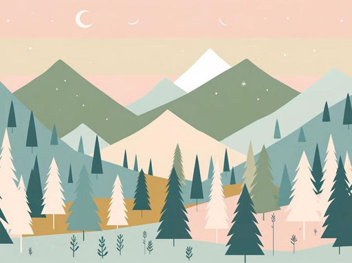 Baby Mountain Mural Wallpaper | Crescent Moon and Forest in a Mountain Valley