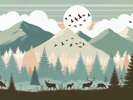 Mountain Baby Mural Wallpaper | Pine Trees, Animals, and Full Moon