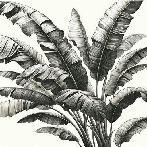 Black and White Foliage Mural Wallpaper | Vintage-Style Banana Leaf Bouquet
