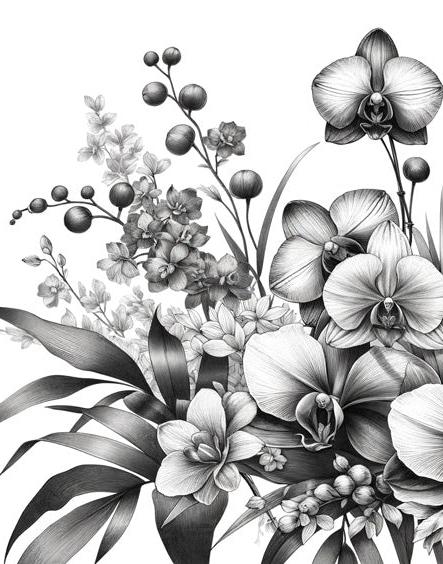 Black and White Foliage Mural Wallpaper | Composition of Foliage and Orchids