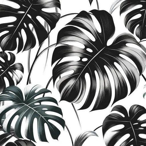 Black and White Foliage Mural Wallpaper | Black Monstera Leaves on Light Background