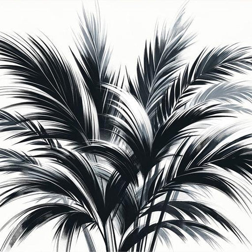 Black and White Foliage Mural Wallpaper | Japanese Calligraphy Style Palm Leaves