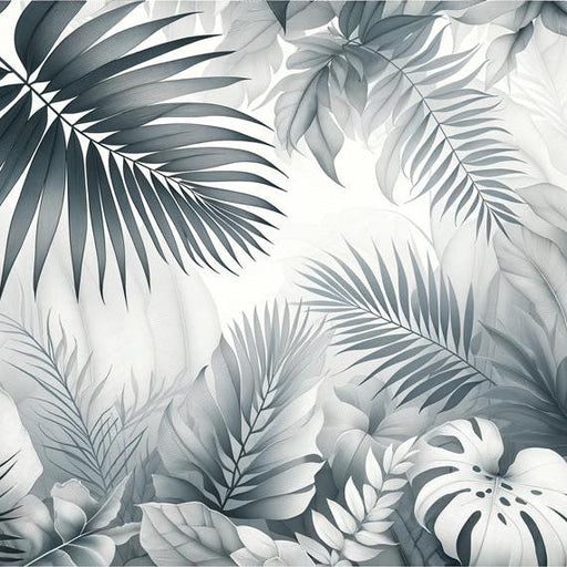 Black and White Foliage Mural Wallpaper | Soft-Colored Foliage Jungle