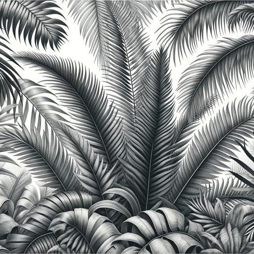 Black and White Foliage Mural Wallpaper | Palm Leaf Jungle Massif