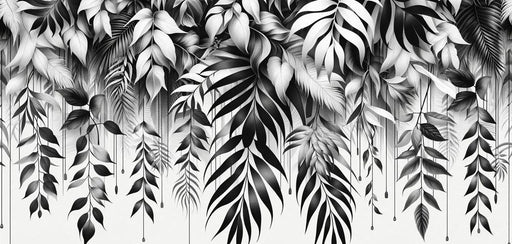 Black and White Foliage Mural Wallpaper | Various Falling Leaves on White Background