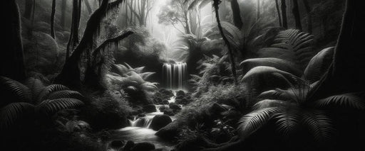 Black and White Tropical Mural Wallpaper | Cascade with Large Tropical Ferns