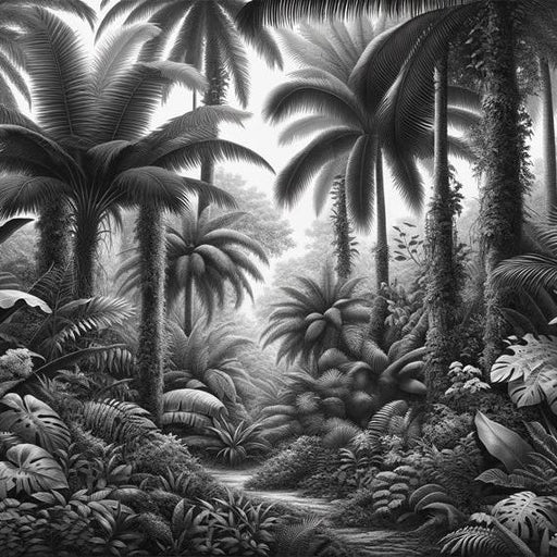 Black and White Tropical Mural Wallpaper | Tropical Forest with Tall Trees and Massive Palms