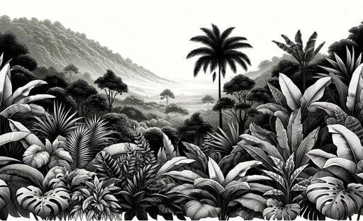Black and White Tropical Mural Wallpaper | Monstera, Palm Trees, Forest, and Mountainous Relief