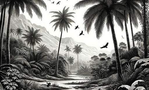 Black and White Tropical Mural Wallpaper | Mountain and Tropical River with Birds