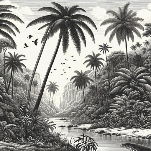 Black and White Tropical Mural Wallpaper | River and Birds in Massive Tropics