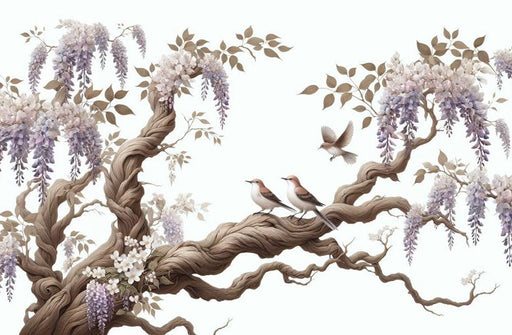 Bird Mural Wallpaper | Tree with Purple Flowers and Neutral Tones