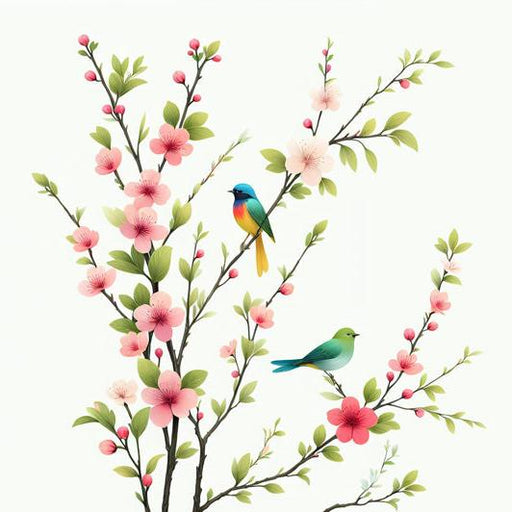 Bird Mural Wallpaper | Colorful and Flowering Branch with Multicolored Birds