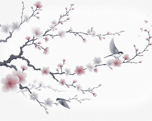 Bird Mural Wallpaper | Cherry Tree with Pink and White Flowers