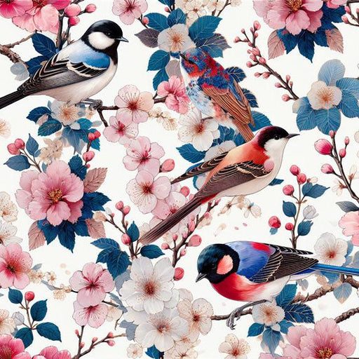 Bird Mural Wallpaper | Cherry Blossom with Vintage Colorful Birds