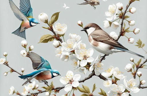 Bird Mural Wallpaper | White Cherry Blossoms with Blue Birds