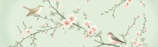 Bird Mural Wallpaper | Pink Cherry Blossoms on Vintage Green Background