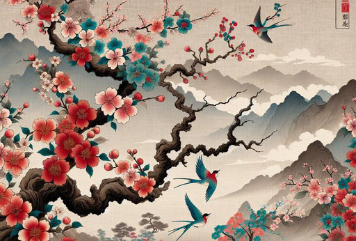Bird Mural Wallpaper | Japanese Cherry Blossom with Robins and Mountains
