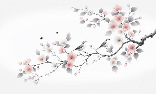 Bird Mural Wallpaper | Pink and White Cherry Blossoms on a White Background