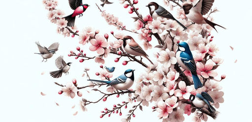 Bird Mural Wallpaper | Pink Cherry Blossoms with Multicolored Birds